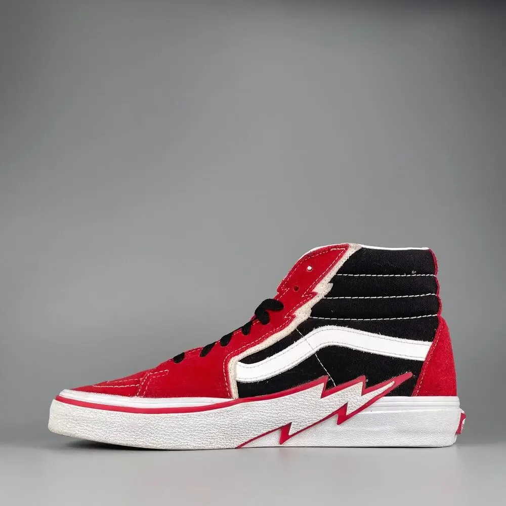 Men's 8.5 Womens 10 Vans Sk8 Hi Red White Lightning Bolt Skate Sneaker Shoe EUC